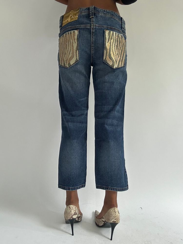 euro trash | medium baby phat blue denim cropped jeans with gold zebra detail pockets 7