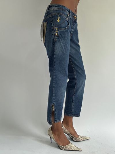 euro trash | medium baby phat blue denim cropped jeans with gold zebra detail pockets 4