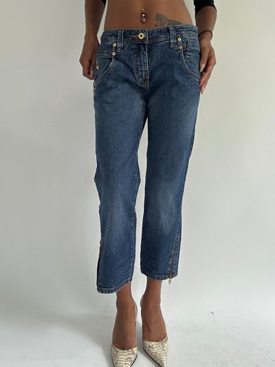 euro trash | medium baby phat blue denim cropped jeans with gold zebra detail pockets 2