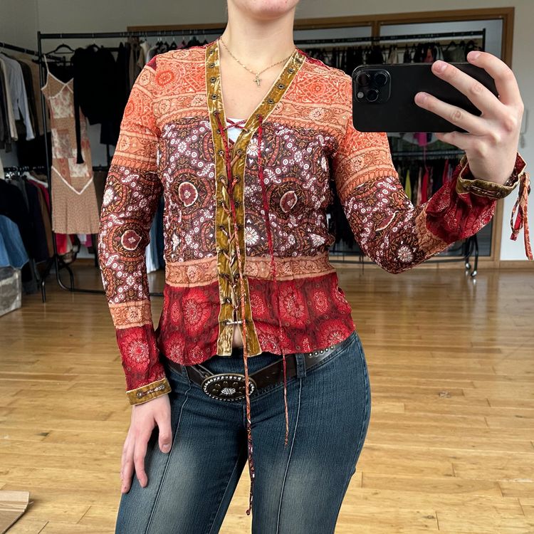 Boho Mesh Patterned Tie Up Long Sleeve Blouse