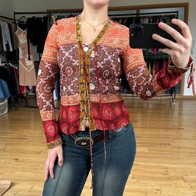 Boho Mesh Patterned Tie Up Long Sleeve Blouse
