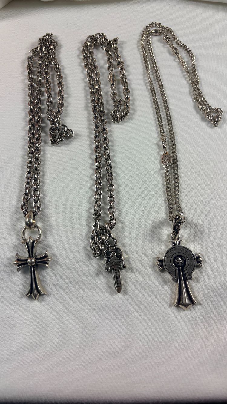 Lot of 3 Vintage Gothic Pendant Necklaces, Aged Silver Tone image 1