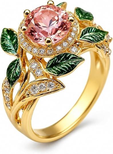 Gold Ring With Pink Gemstone And Green Leaf Accents image 1