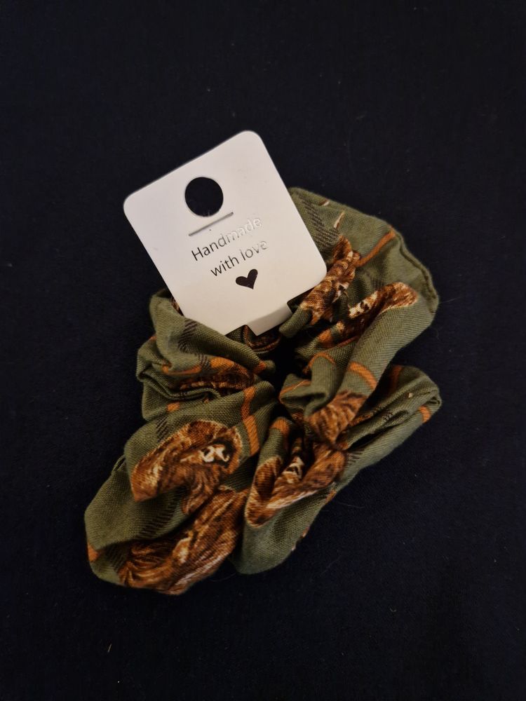 Green And Brown highland cow  Patterned Scrunchie