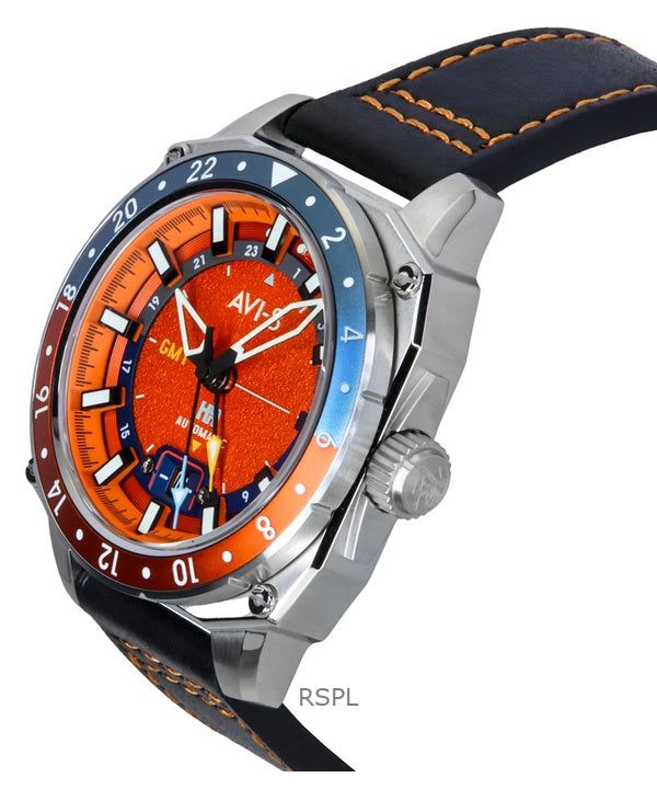 AVI-8 Hawker Hunter Atlas GMT Orangish Red Leather Strap Orange Dial Automatic AV-4122-06 Men's Watch imagen 5