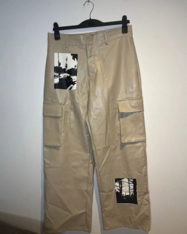 Beige faux leather cargo pants