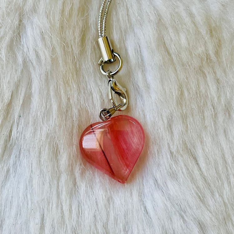 Natural Cherry Quartz Crystal Puff Heart Love Phone Bag Charm Keyring Dangler 2