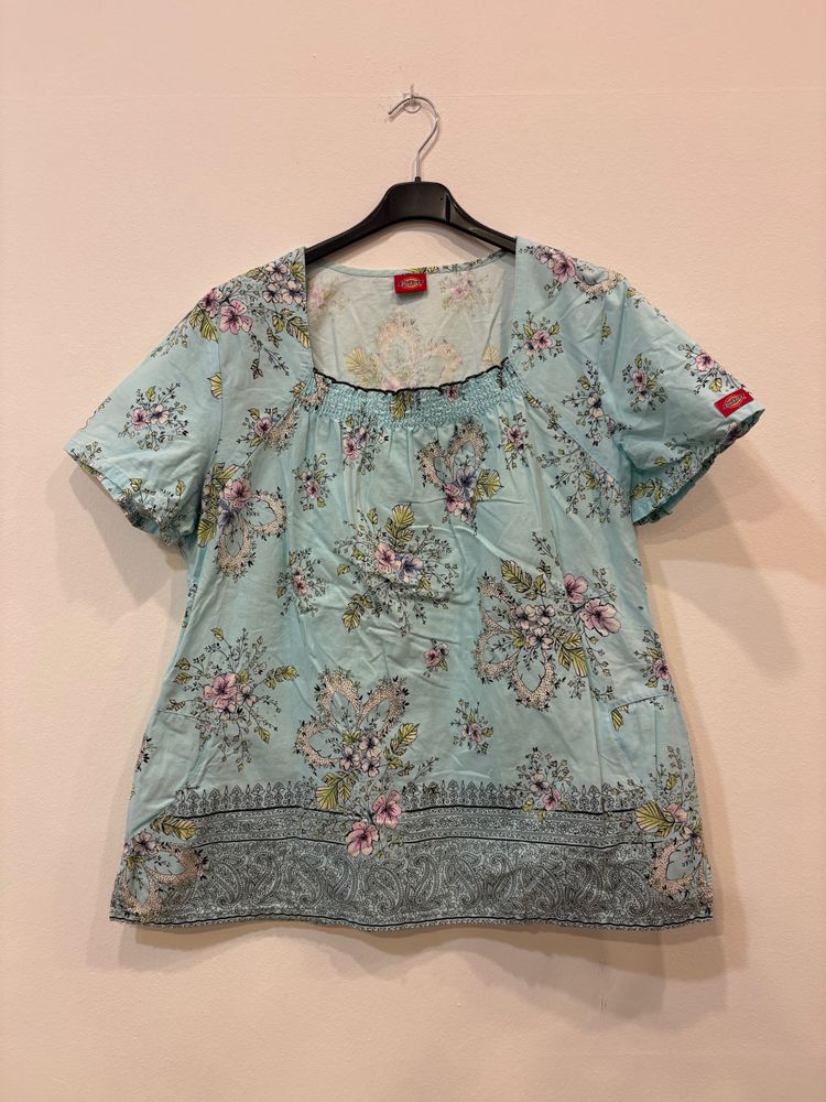 Dickies Light Blue Floral Short Sleeve Blouse