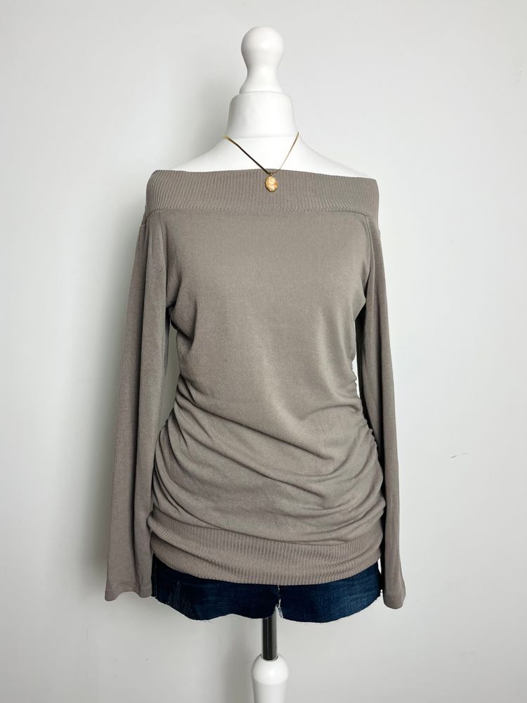 Nais Taupe Off-Shoulder Ruched Long Sleeve Top