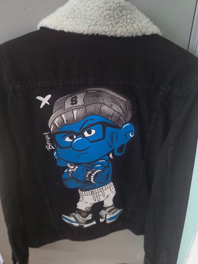 Sherpa Adventure Gear black denim jacket with white sherpa collar and graphic print product image