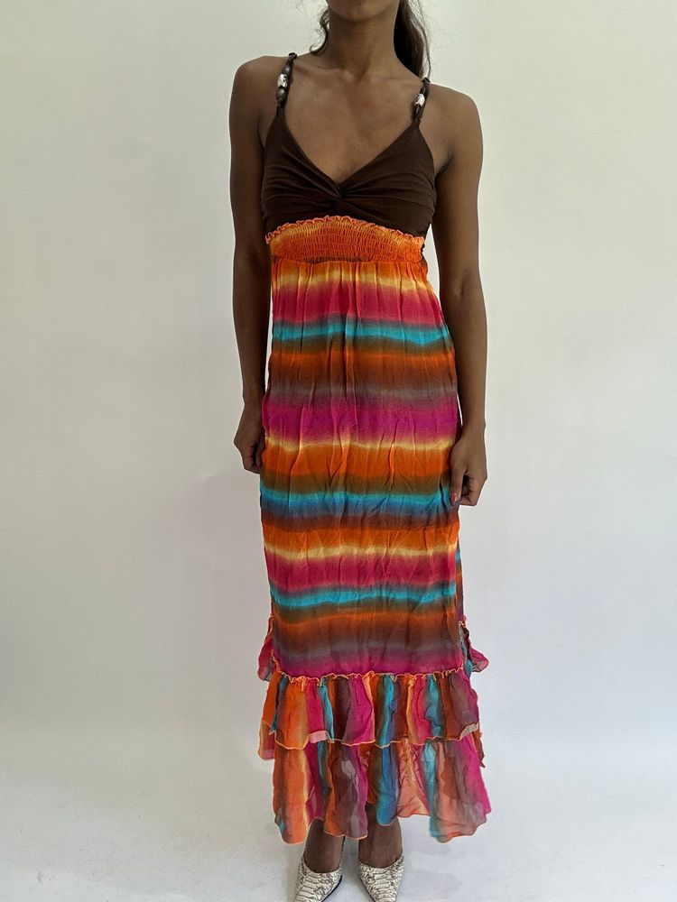 💚colourmaxxing drop | small brown striped maxi dress image 1