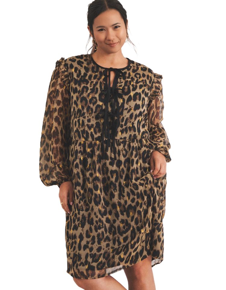 Women's (SLIGHT IMPERFECT) Leopard Lurex Dobby Bow Front Georgette Skater Dress 3