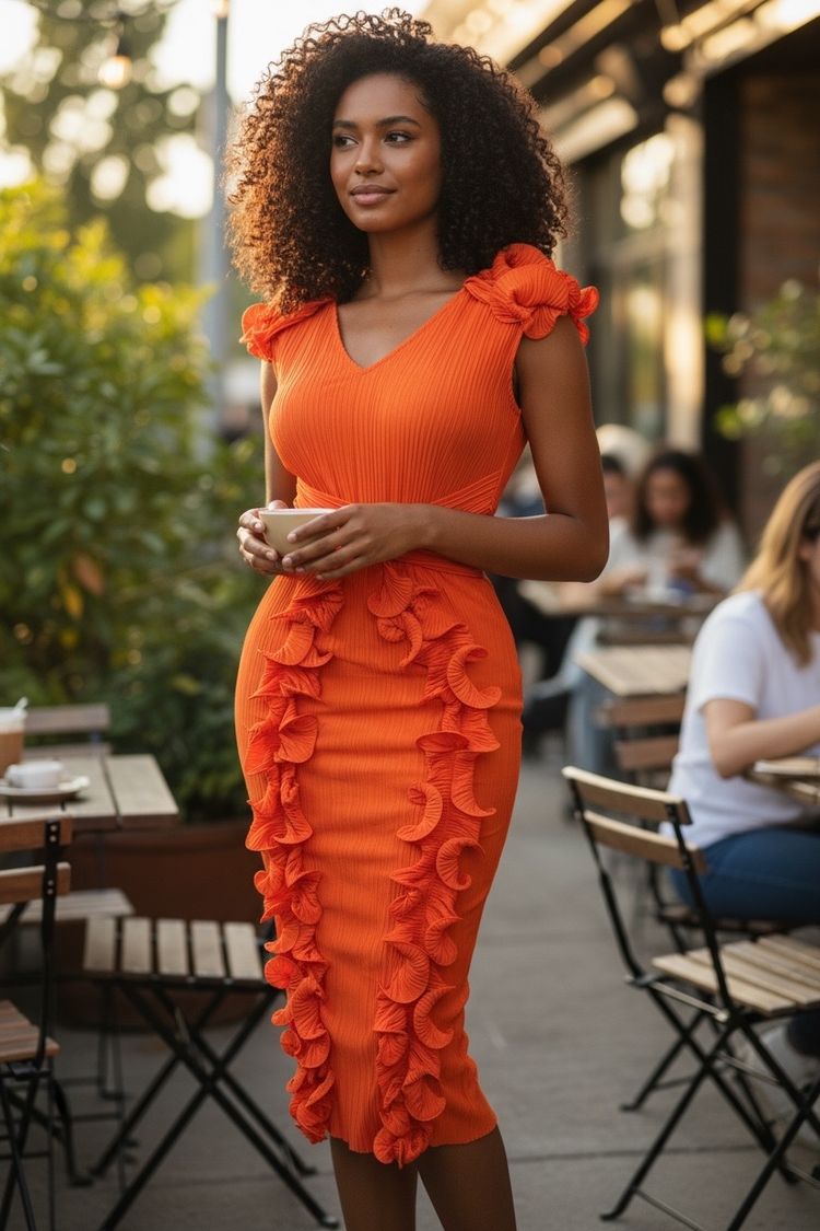 Orange Midi Dress With Ruffle Details
