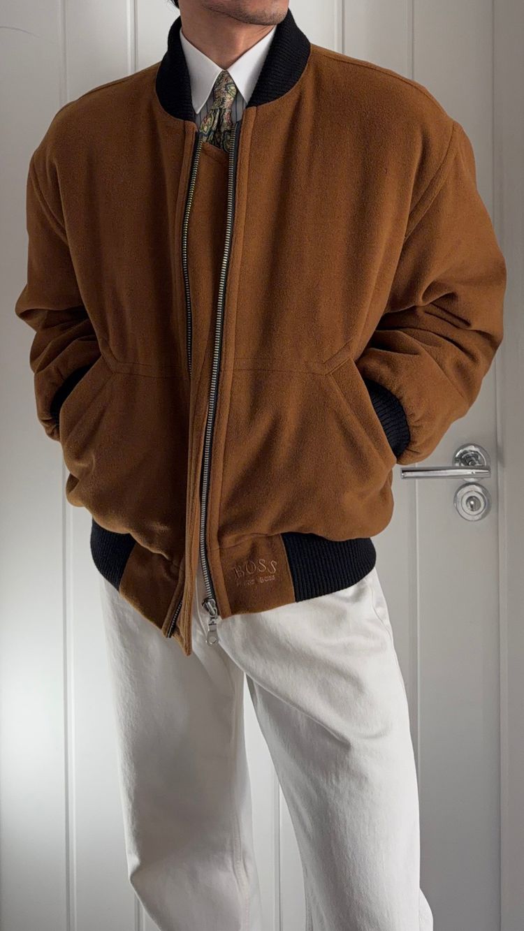 Hugo Boss 1980s Wool Cashmere Camel Brown Bomber Jacket - Size L image 10