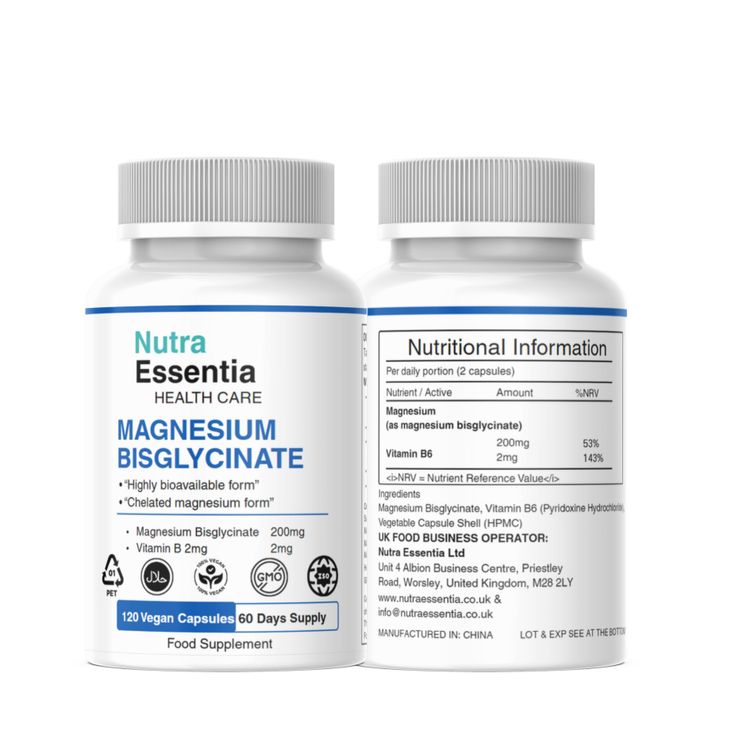 Nutra Essentia Magnesium Bisglycinate Vegan 120 Capsules vitamin B6 obraz 3