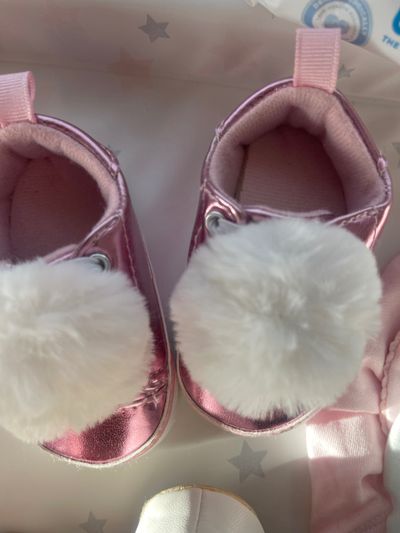 Pink Baby Shoes With White Pom Poms