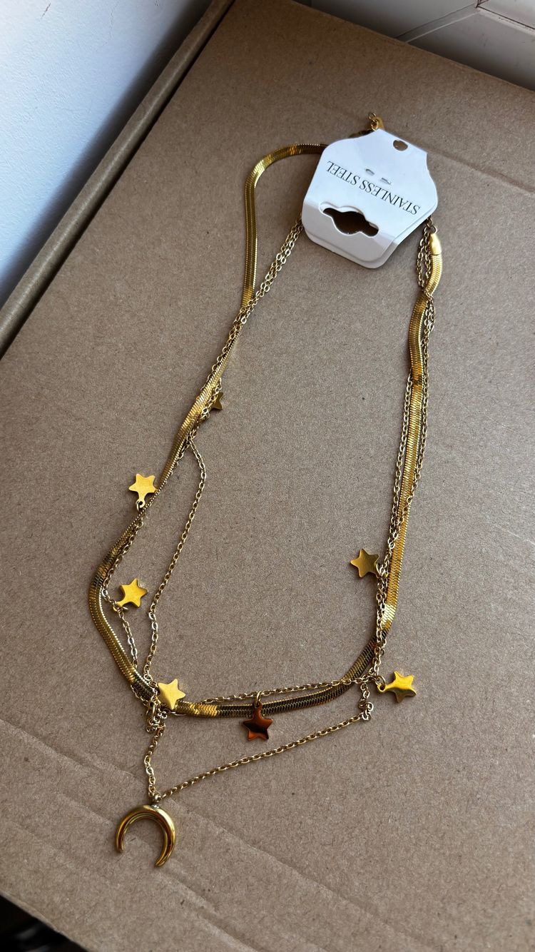 Gold-Tone Layered Necklace With Star And Crescent Charms