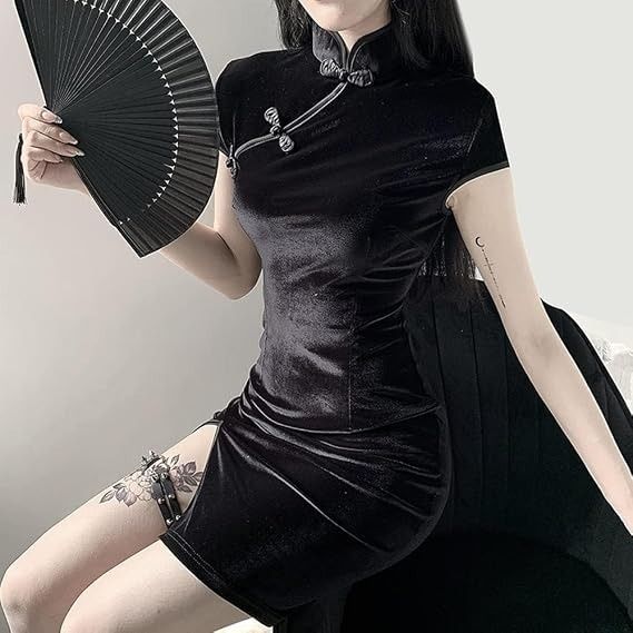 Black Velvet Cheongsam Dress imagen 1