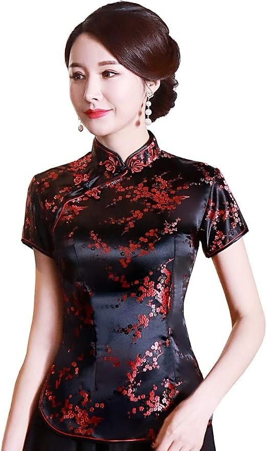 Black And Red Floral Satin Cheongsam Top obraz 1