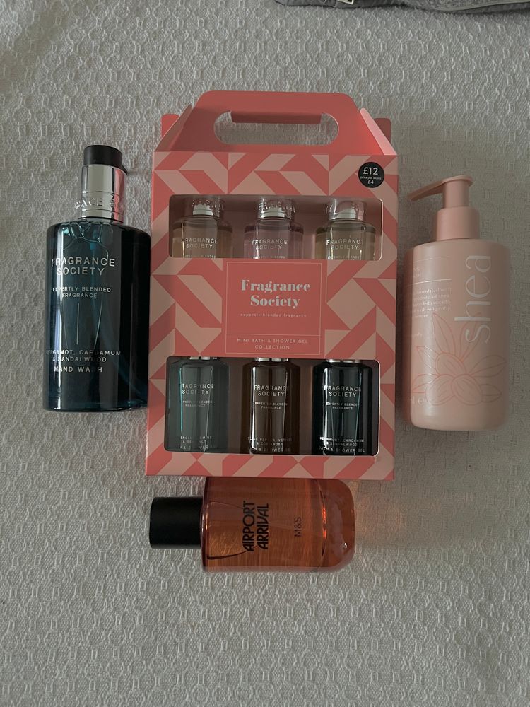 M&S gift set including Fragrance Society Hand Wash And Fragrance Set: mini bath and shower gel, airport arrival perfume, fragrance society hand wash & a shea refreshing hand wash. 