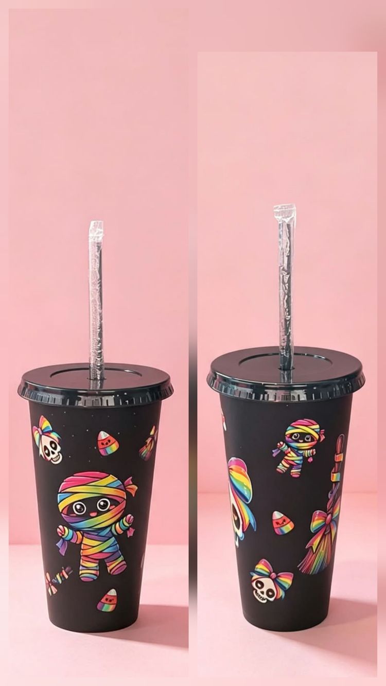 Black Tumbler Cup With Colorful Mummy And Candy Design image 1