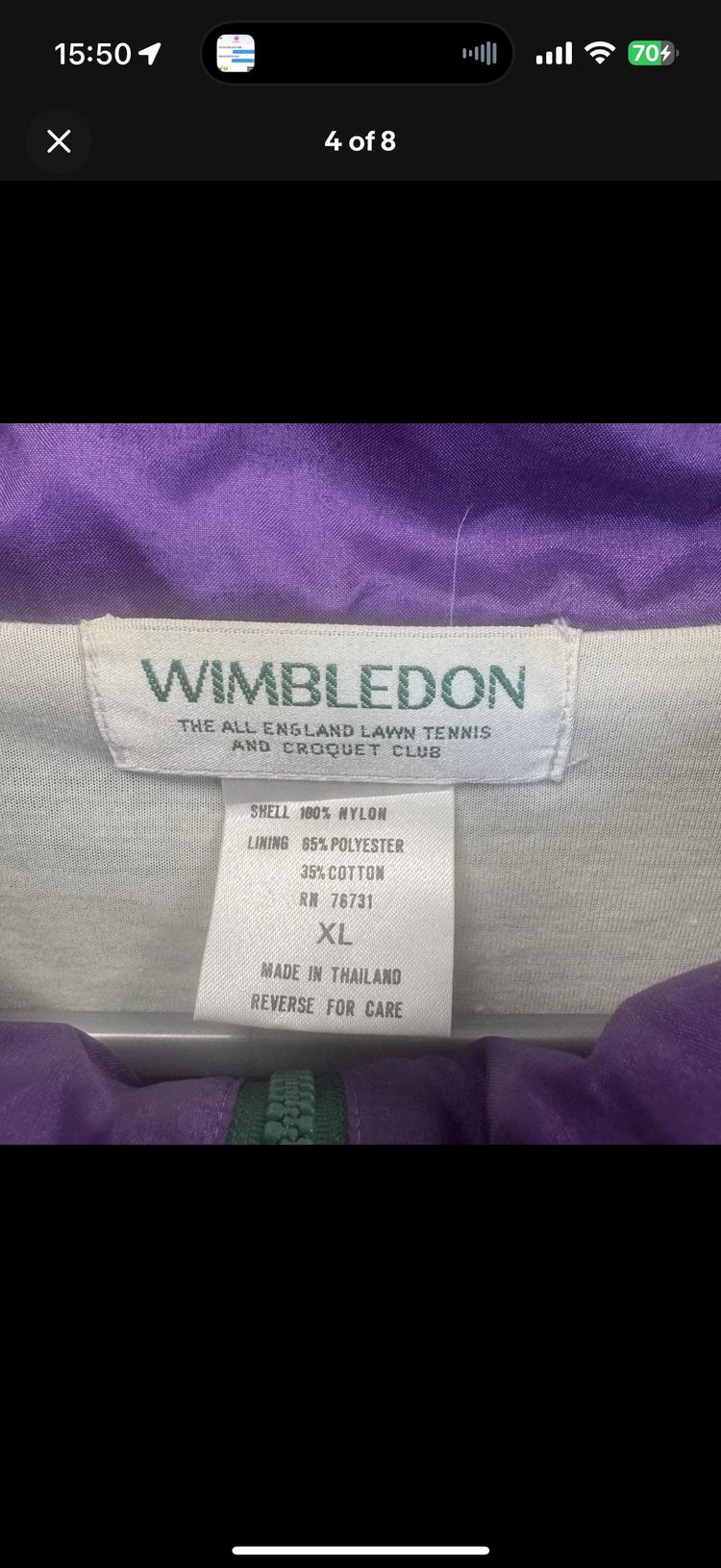 Vintage Men's Wimbledon Tennis Jacket Purple Green White XL 1980s Windbreaker obraz 2