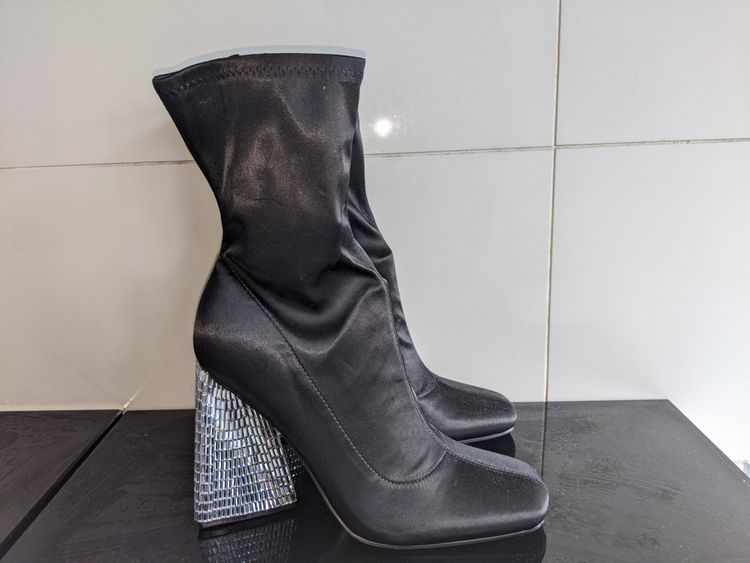 ASOS Design Black Satin Ankle Boots with Silver Block Heels product image