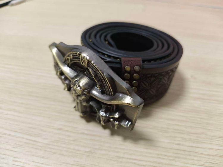 Brown Leather Belt With Metal Skull Buckle image 1