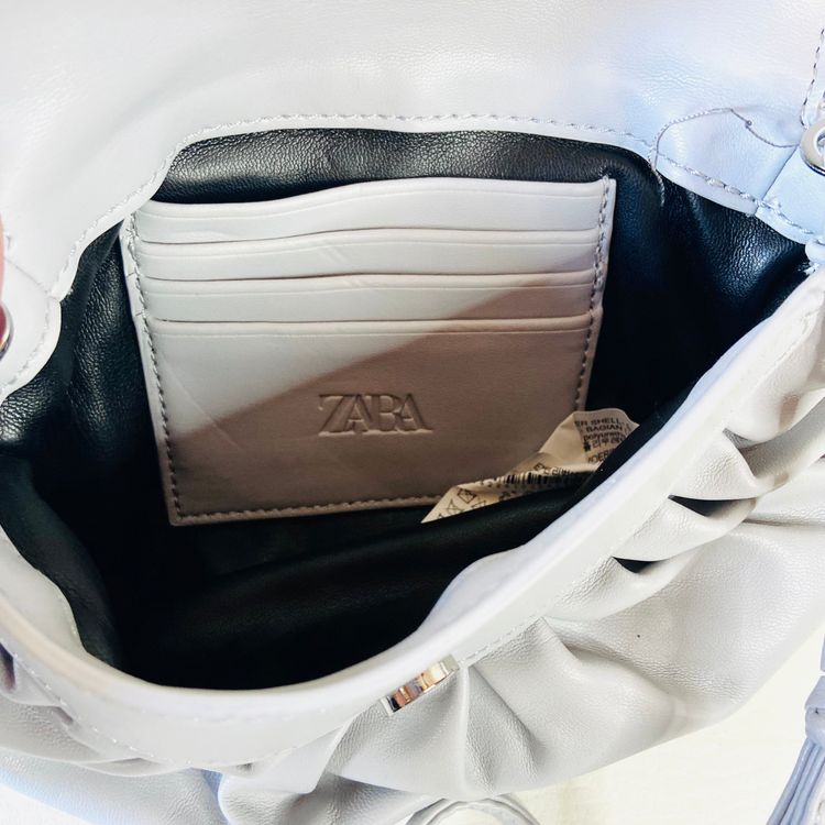 ZARA Gathered Faux Leather Light Grey Crossbody Bag Purse with Woven Strap 9x6 (With Dustbag) image 7