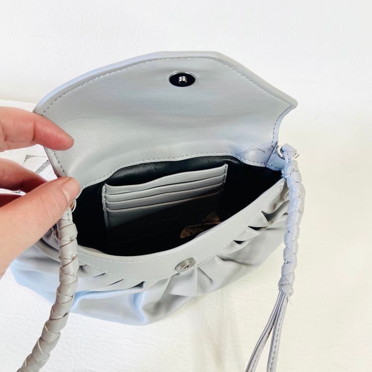 ZARA Gathered Faux Leather Light Grey Crossbody Bag Purse with Woven Strap 9x6 (With Dustbag) image 9