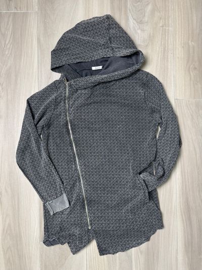 Grey Hooded Jacket With Diagonal Zipper