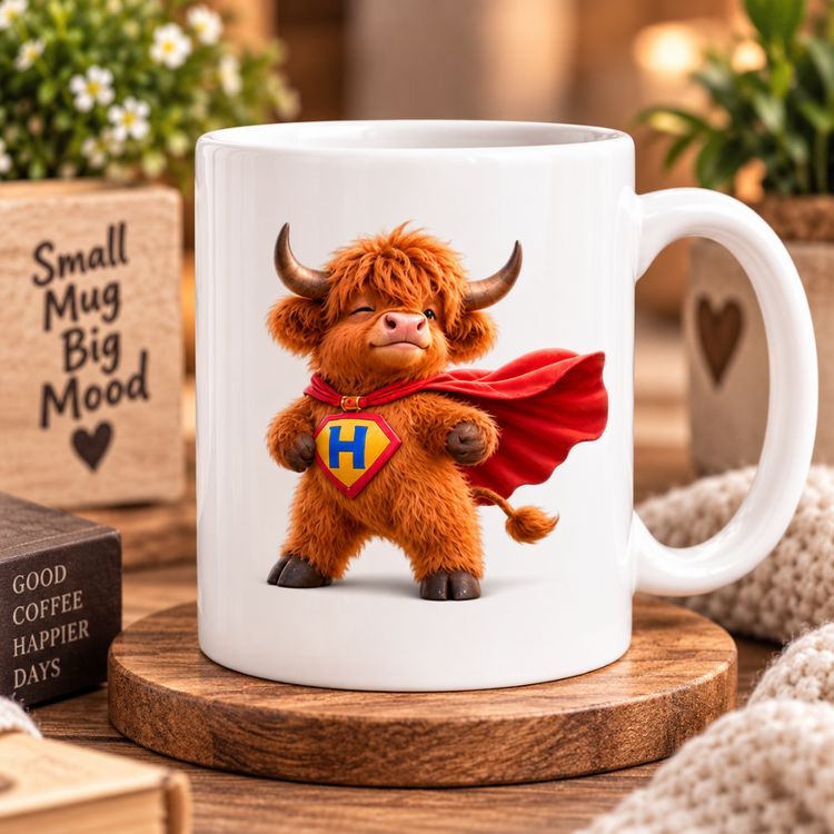 Superhero Highland Cow Ceramic Coffee Mug – Cute Super Hero Farm Animal with Red Cape & H Shield Tea Cup Gift (M1228)
