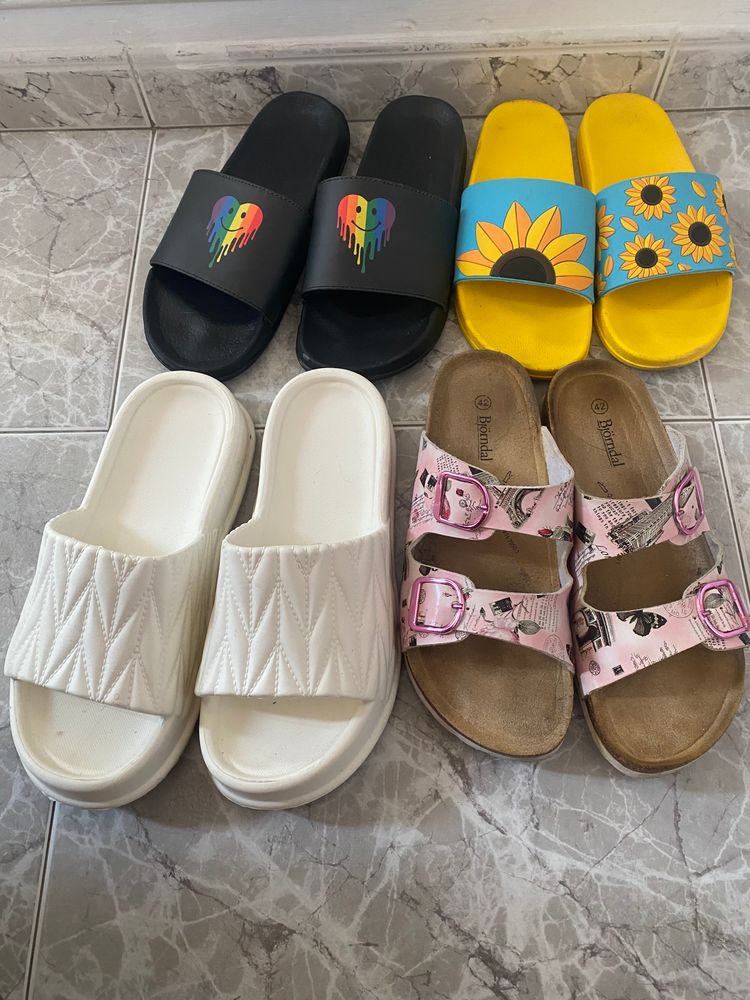 Rainbow Black Slides With Rainbow Heart, Yellow Slides With Sunflower, White Quilted Slides, Pink Patterned Sandals product image