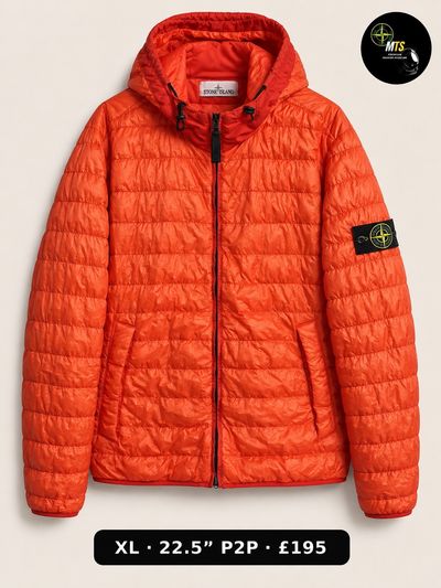 2493 Stone Island Orange Garment Dyed Down Jacket 22.5”p2p
