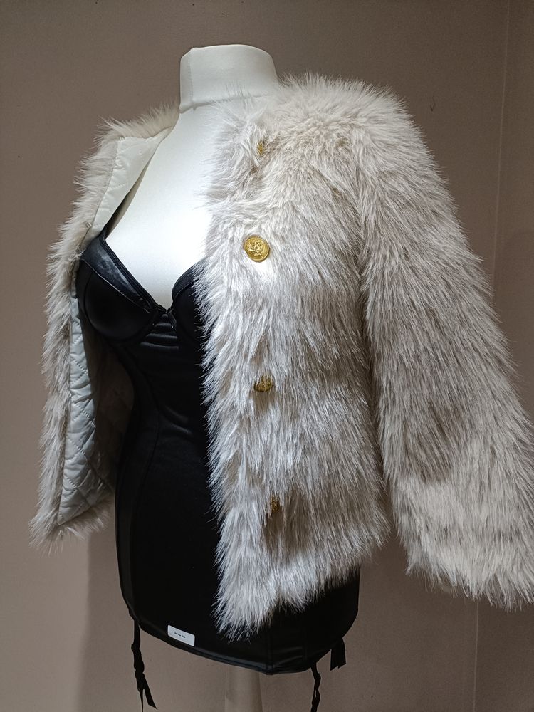 White Faux Fur Jacket With Gold Buttons