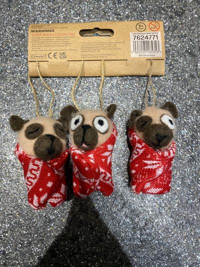 Three Dog Face Ornaments With Red Patterned Scarves