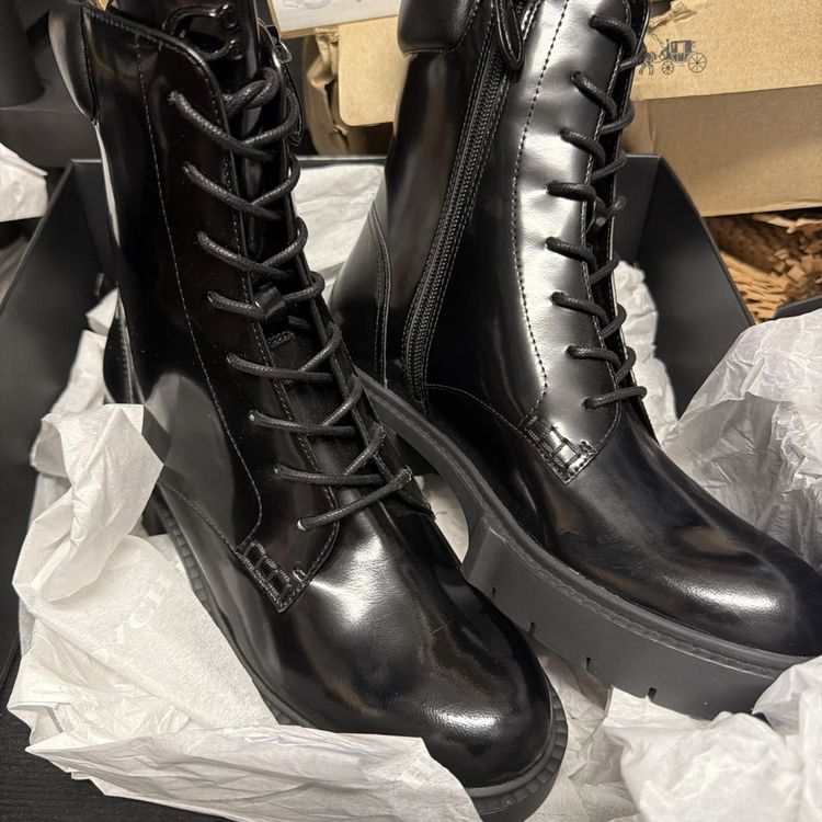 Coach Leighton Lace Up Leather Heeled Boots Black Bootie UK 7 £295 Combat BNIB image 1