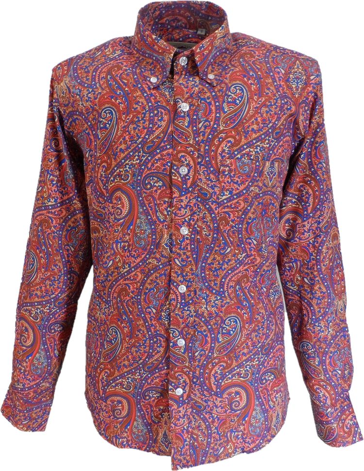 Relco Orange Paisley Long Sleeved Retro Mod Button Down Shirt