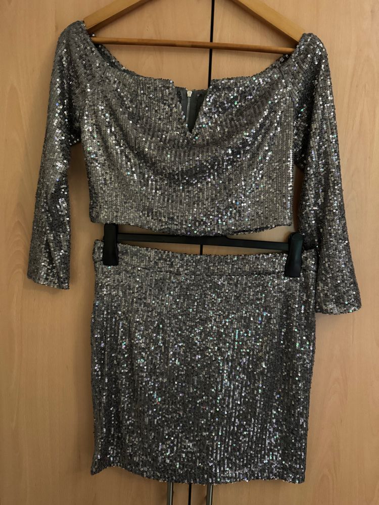 Boohoo silver sequin crop top and skirt set product image