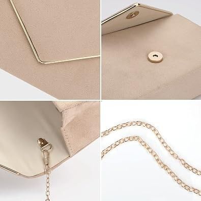 Beige Envelope Clutch Bag With Gold Chain obraz 3