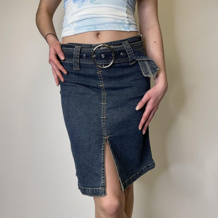 90s 00s Miss Sixty denim midi skirt with chunky belt and split details   image 2