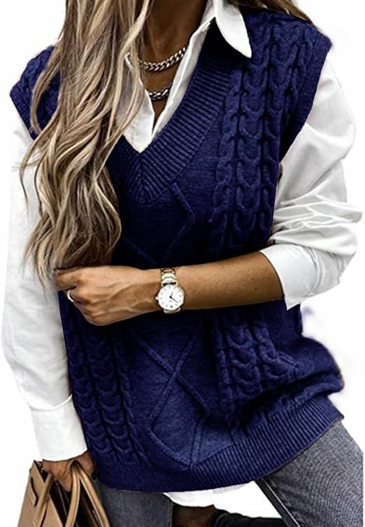 Navy Blue Cable Knit Sweater Vest image 2