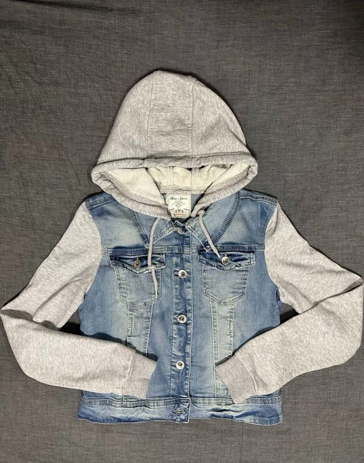 Denim Jacket With Grey Hoodie Sleeves And Hood image 1