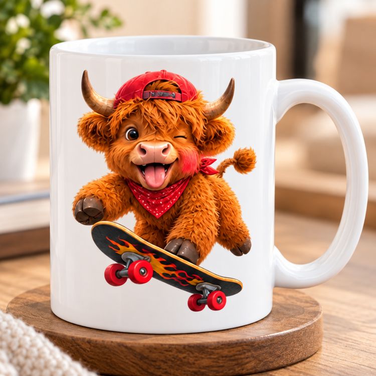Skateboard Highland Cow Ceramic Coffee Mug - Cool Fluffy Farm Animal Baseball Cap & Bandana Tea Cup for Skaters & Animal Lovers (M1220)