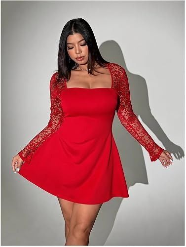 Red Dress With Lace Sleeves image 1