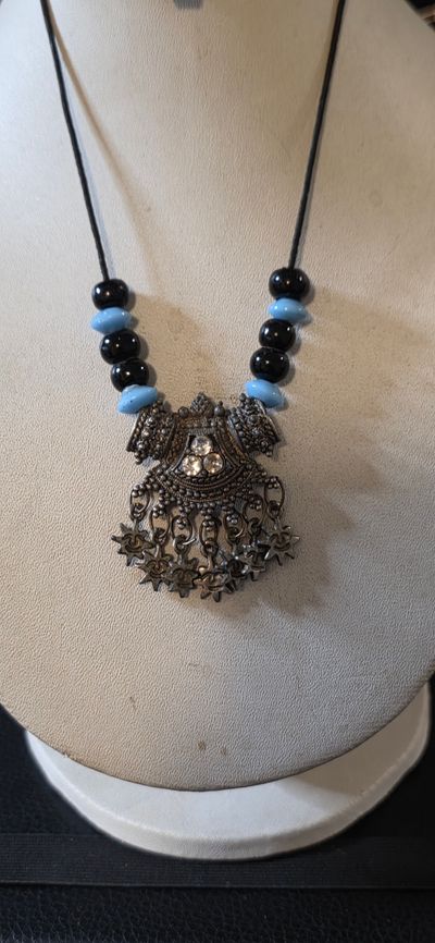 Black And Blue Beaded Necklace With Ornate Pendant