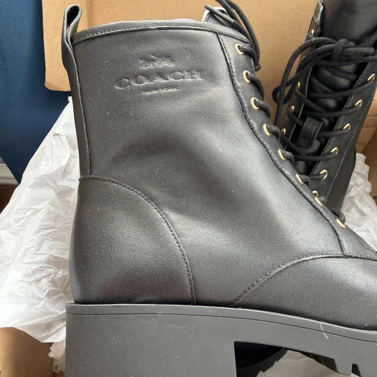 Coach Lyra Black Leather Combat Style Zip/Lace Boots Size 6.5 Uk £325 BNIB image 3