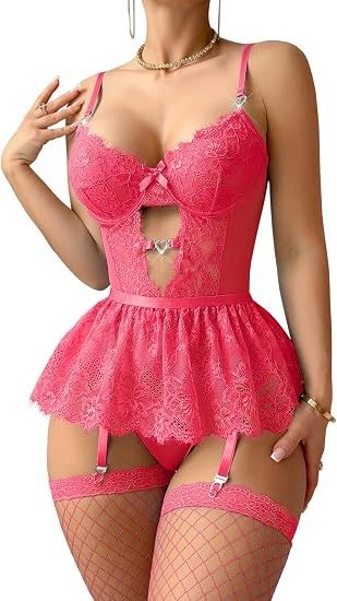 Pink Lace Lingerie Set With Garter Belt And Stockings image 1