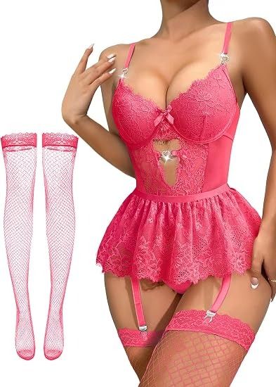 Pink Lace Lingerie Set With Garter Belt And Stockings image 2