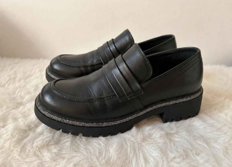 Black Leather Loafers With Rhinestone Detail image 1